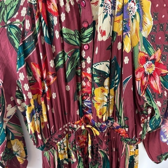 Angie Boho balloon sleeve dress flutter skirt button top tie waist size M - Picture 3 of 5